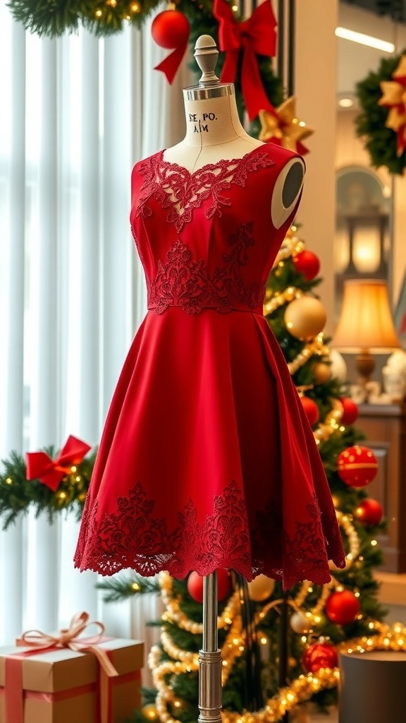 A festive red Christmas dress with lace details on a mannequin, surrounded by holiday decorations.